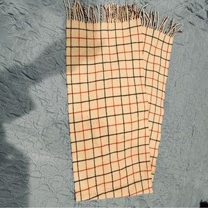 Vintage Wool Plaid Fringe Scarf in Beige with Red and Black Windowpane